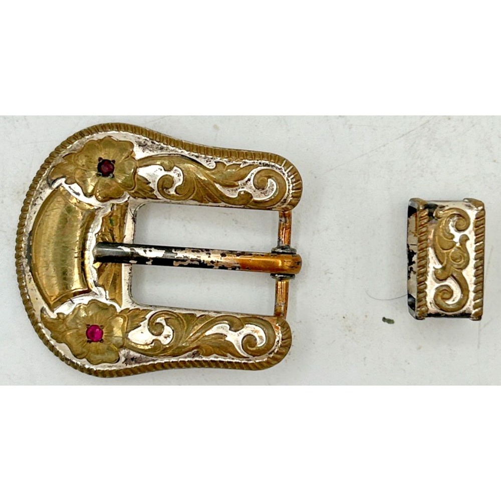 Vintage Crumrine Western Belt Buckle Heavy Silver Plate On Jewelers Bronze 2pc